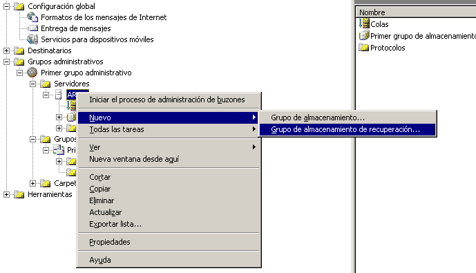Crear grupo de almacenamiento de recuperacion
