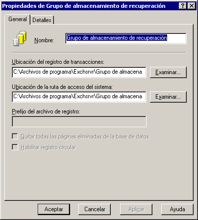 Propiedades grupo de almacenamiento de recuperacion de exchange