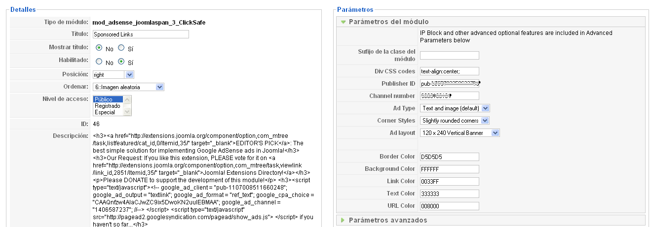 Opciones module click safe adsense