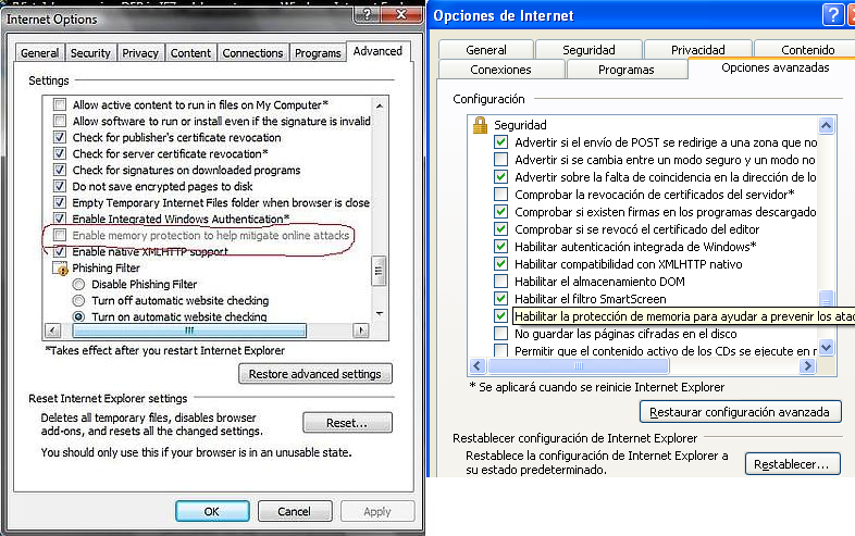 Disable DEP en IE Explorer