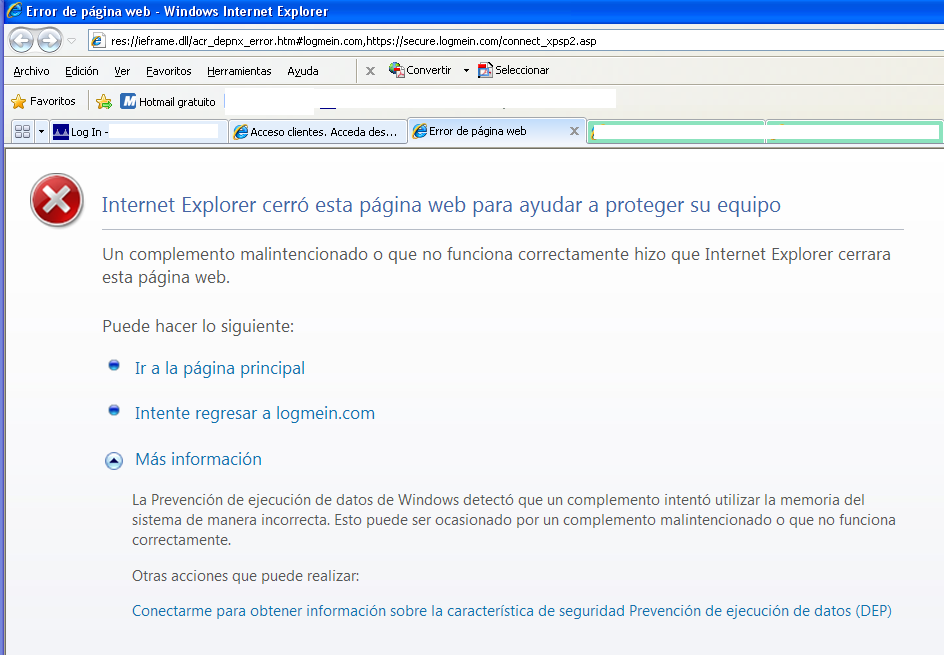 Error Internet Explorer LogMeIn DEP