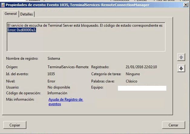 fallo terminal server 1035 0xd0000a3